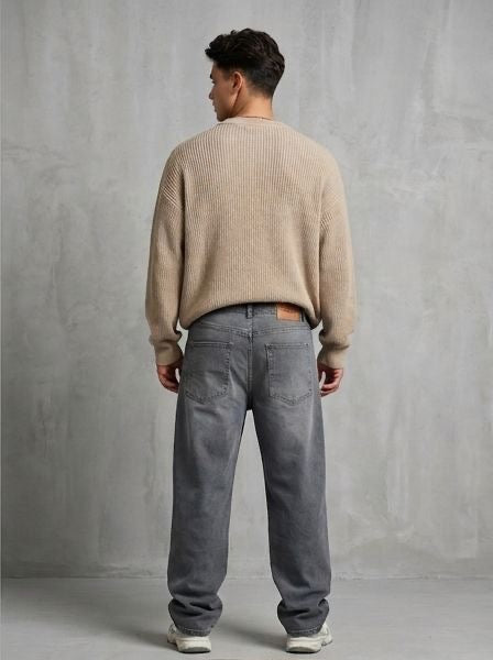 Sr garment Relaxed Fit Beige Knit Sweater & Washed Grey Denim Set