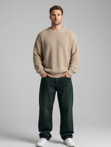 Sr garment Earth Tone Knit Sweater & Deep Green Denim Relaxed Set