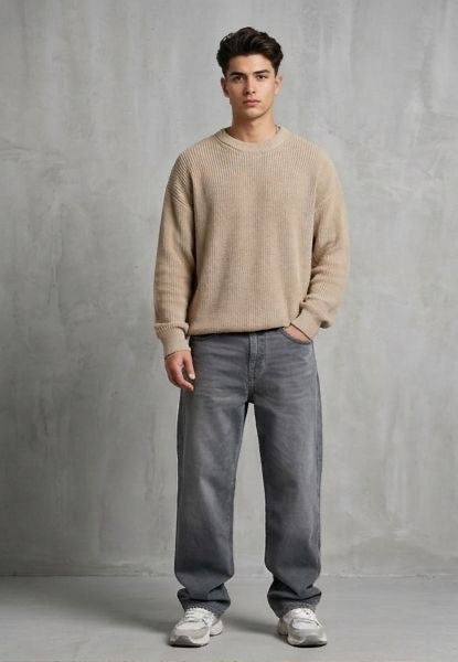 Sr garment Relaxed Fit Beige Knit Sweater & Washed Grey Denim Set